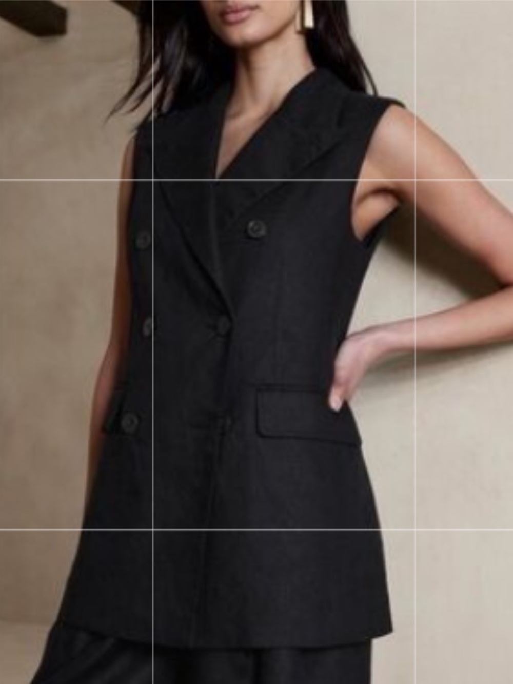 Banana Republic Palma Linen Long Blazer Vest Black V Neck Double Breasted Sz 12